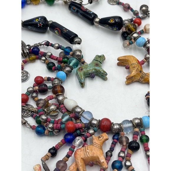 AFRICAN Glass Bead and Carved Animal Dangle Fringe Multicolor Statement Necklace - Picture 10 of 16